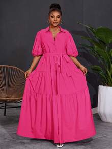 SHEIN CURVE+ Váy maxi xếp ly chữ A tay ngắn màu trơn cỡ lớn 2025 dành cho nữ, dáng rộng, kỳ nghỉ Hoho - Màu Hồng Tươi - Xem 7