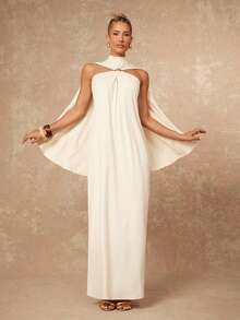 Lumalex 女士优雅无袖修身喇叭连衣裙，立领设计，金属装饰纽扣，褶皱剪裁，杏色，春夏款 - 杏色 - 查看 4