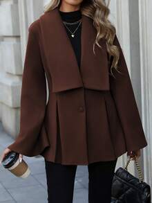 EMERY ROSE Women's Elegant Commuter Casual French Style Turndown Collar V-Neck Double-Breasted Open Front A-Line Pleated Flare Sleeve Loose Cuff Long Sleeve Woolen Coat, Suitable For Spring, Autumn And Winter - Rust Brown - View 6