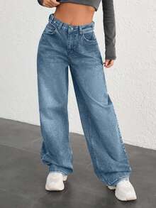 EURMUSE 100% COTTON HIGH WAIST BUTTON DETAILED WIDE LEG JEAN - Dusty Blue - View 5
