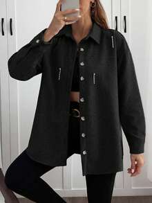 EURMUSE Solid Color , Rhinestone Details, Over Shirt Jacket - Black - View 3