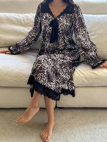 DAZY Váy ngủ nữ họa tiết da báo quyến rũ, màu tương phản, ren chắp vá, mùa thu đông - màu nâu - Xem 4