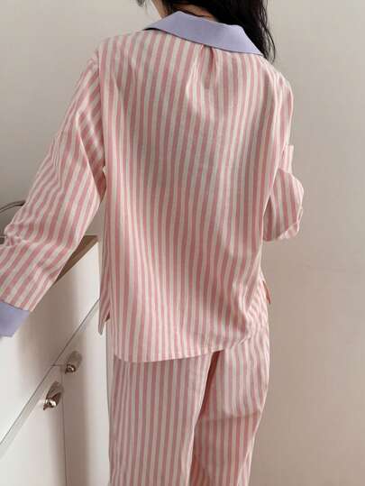 DAZY Gestreepte Contrast Patchwork Loose Women Pajama Set view 2