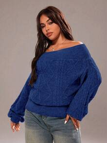 Rustia Plus Size Women's Fashion Casual Off-Shoulder Sweater - Blue - View 5
