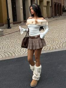 SHEIN EZwear Áo thun bó sát trễ vai cổ lông tối giản màu tương phản dành cho nữ, Trang phục hàng ngày, Giáng sinh dành cho nữ, Năm mới dành cho nữ, Thu đông dành cho nữ, Đi chơi đêm, Tiệc tùng - trắng - Xem 6