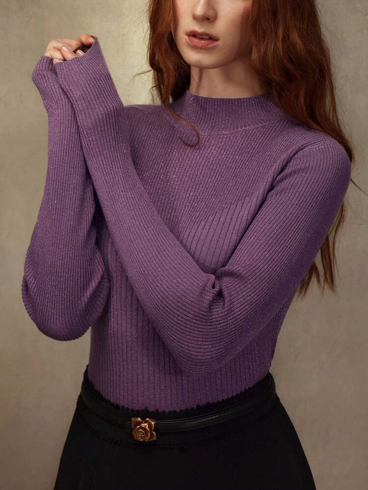 WOMEN'S TIGHT-FITTING METALLIC THREAD TURTLENECK SWEATER