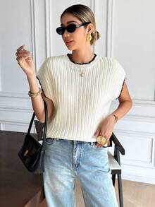 SHEIN Frenchy Women's Casual Everyday Commute Contrast Binding Batwing Short Sleeve Loose Sweater, Autumn/Winter,New Year Clothes  ,New Year Women , Winter  , Summer,Christmas , Party ,Elegant,Casual ,White, Black - Apricot - View 3