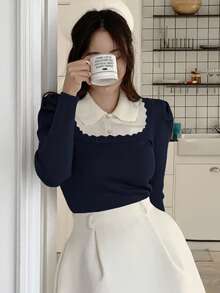DAZY French Peter Pan Collar Base Layer Sweater For Women, 2 In 1 Puff Sleeve, Autumn/Winter - Navy Blue - View 3