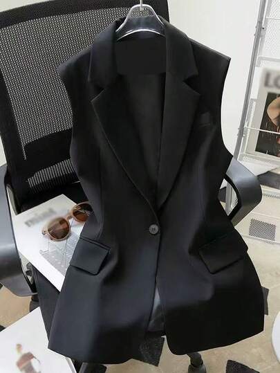 Franclia New Black Sleeveless Vest For Women, Waist Cinched Fitted Blazer Waistcoat