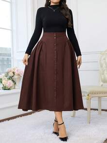 Modelyn تنورة أنيقة ذات خصر عالي وطيات وأزرار أمامية لسيدات البدناء، لون أحادي