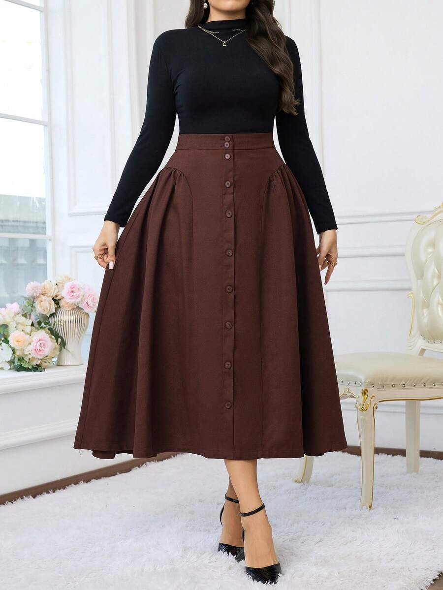 Modelyn تنورة أنيقة ذات خصر عالي وطيات وأزرار أمامية لسيدات البدناء، لون أحادي