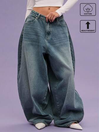 COUREZ Low Rise Balloon Fit Jeans With Light Blue Wash Street Casual Y2K Leisure Music Festival Cotton Denim Vintage Cotton