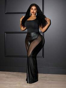 Slaydiva 2025 Autumn/Winter New Elegant & Party & Streetwear & Casual & Date & Music Festival & Y2K Sexy Fitted Solid Black Sheer Mesh Patchwork Flare Pants, Plus Size - G