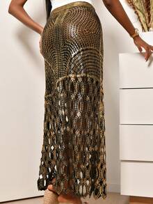 Mima John Váy ren thắt nút thanh lịch thêu kim tuyến vàng, thích hợp cho mùa hè, bãi biển, lễ hội, ngày lễ - màu đen - Xem 6