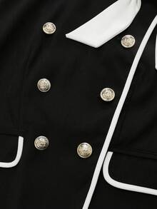 Franclia 秋冬连衣裙套装，斜襟无领，金属纽扣和蝴蝶结撞色装饰，直筒裙，侧边撞色条纹，前中开衩