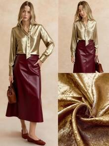 Chiquease Blusa de manga acampanada con escote en V, estilo minimalista y elegante con lámina dorada, para uso diario y fiestas, otoño - Marrón - Ver 1