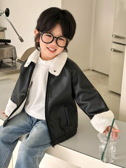 Genkimix Kids 男童韩版酷炫仿羊羔绒领PU皮革复合抓绒开衫外套，冬季款