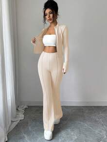 INAWLY Women's Tight-Fitting Zip-Up Cropped Jacket With Mandarin Collar And Flared Pants 2 Pieces Set - Apricot - View 8