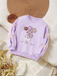 Vintaside Kids Áo nỉ dệt kim họa tiết hoa mơ cho bé gái, áo chui đầu dáng ôm, thoải mái cho hoạt động ngoài trời, ở nhà, thể thao - Màu tím - Xem 3