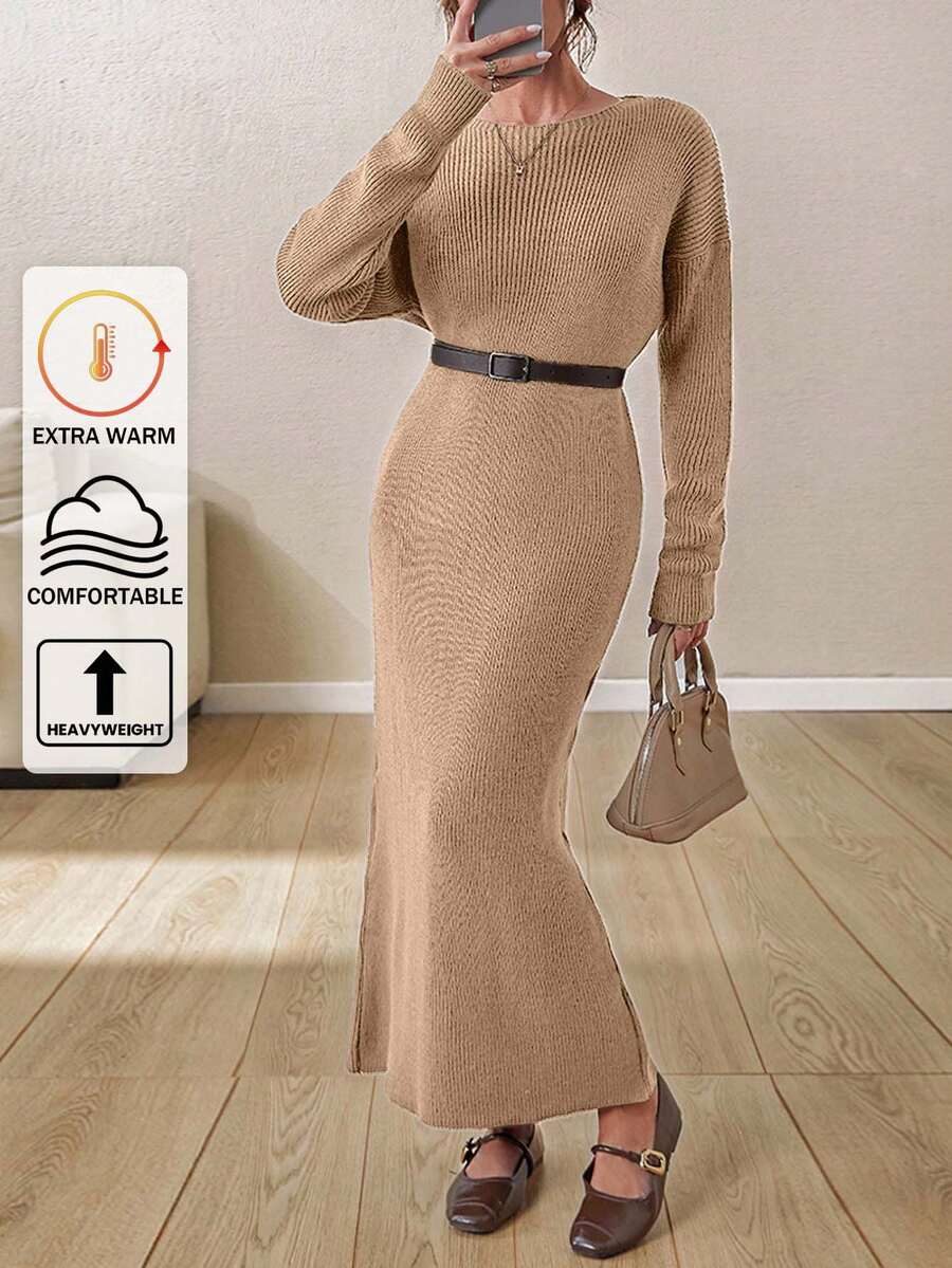 EURMUSE Boat Neck Ribbed Knit Midi Dress – Earthy Brown | Oversized Fit With Textured Stitch - Khaki - View 1