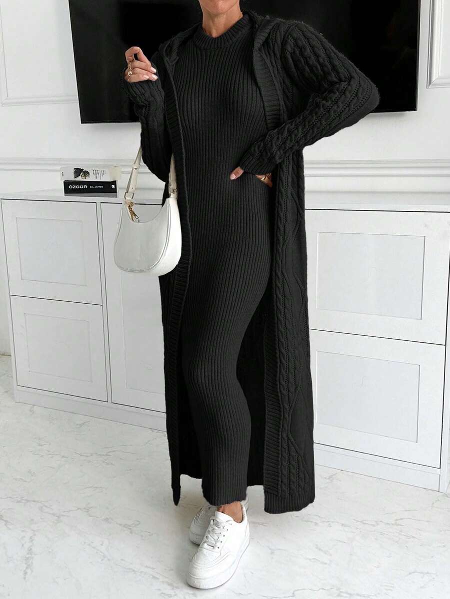 SHEIN Cottnline طقم كارديجان وفستان كنزة ماكسي مع كابوشون - الأسود - مشاهدة 1