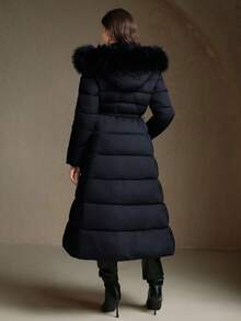 Anewsta 女士冬季新款羽绒服，优雅简约长款过膝连帽可拆卸毛领腰带A字下摆时尚羽绒服 - 藏蓝色 - 查看 2