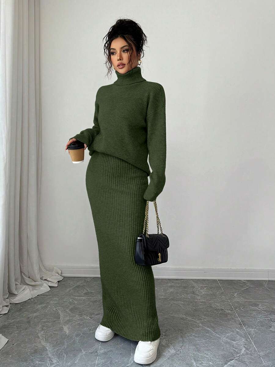 Elenzga 2pcs Women Classic Ribbed Texture Casual Knit Sweater Set, Autumn/Winter - Army Green - View 1