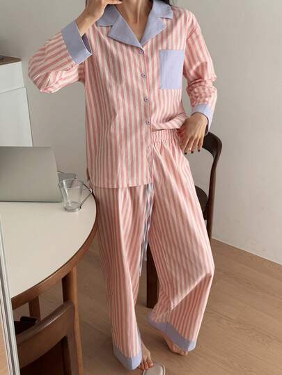 DAZY Gestreepte Contrast Patchwork Loose Women Pajama Set view 6