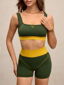 Activina Damen-Sportanzug mit kontrastfarbenem, ärmellosem Top und Shorts (Sport-BH und Shorts-Set) - Grün - Übersicht 4