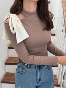 FRIFUL 女士高领露肩撞色蝴蝶结修身长袖T恤，甜美可爱女士上衣，秋季款