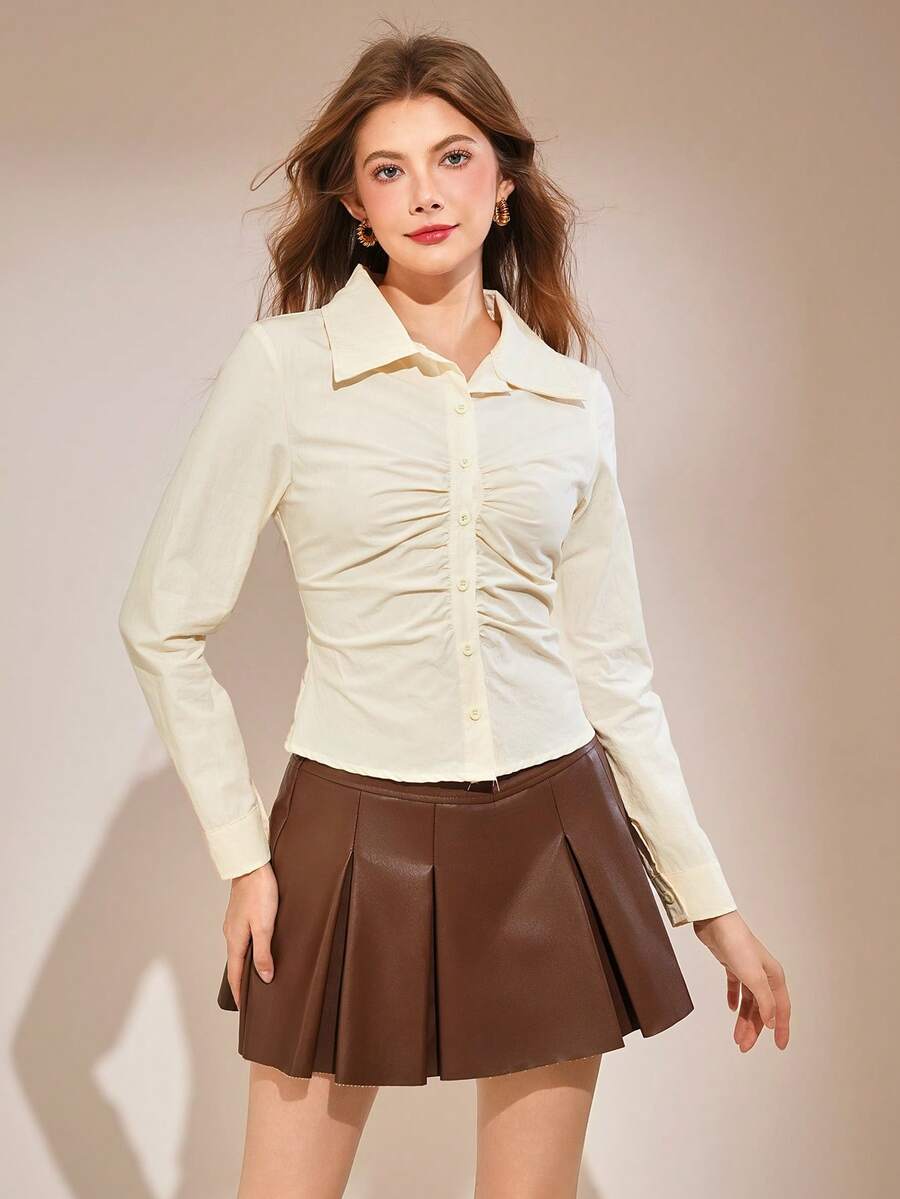 Teen Girl Casual Versatile Pleated Collar Shirt, Front Eyelet Button Closure, Suitable For School, Commute, Outing, Strolling, Can Be Paired With Jackets, Vests, Coats, Down Jackets, Pants, Jeans, Sweatpants - Apricot - View 1