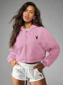 Missguided x Playboy Long Sleeve Cropped Puff PrInt Cropped Zip Up Hoodie In Fabric - Pink - View 2