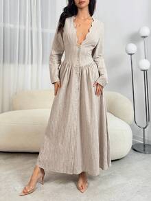 SHEIN Tall 棉麻女士长袖连衣裙，休闲度假连衣裙，V领A字长裙，女士休闲装，女士沙滩装，女士端庄连衣裙，女士春夏连衣裙，女士秋季连衣裙 - 杏色 - 查看 10