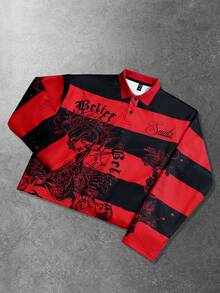 ROMWE MEN Street Life 男士复古圣母玛利亚条纹英文图案印花套头衫卫衣，街头美式风格 - 紅色 - 查看 3