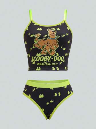 SCOOBY-DOO X SHEIN Kvinnors söta tecknade hundtryck Cami-topp och trosset, bekvämt