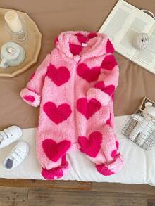 Newborn Baby Girl Cute Fluffy Flower Pattern Long Sleeve Hooded Jumpsuit, Autumn/Winter - Pink - View 4