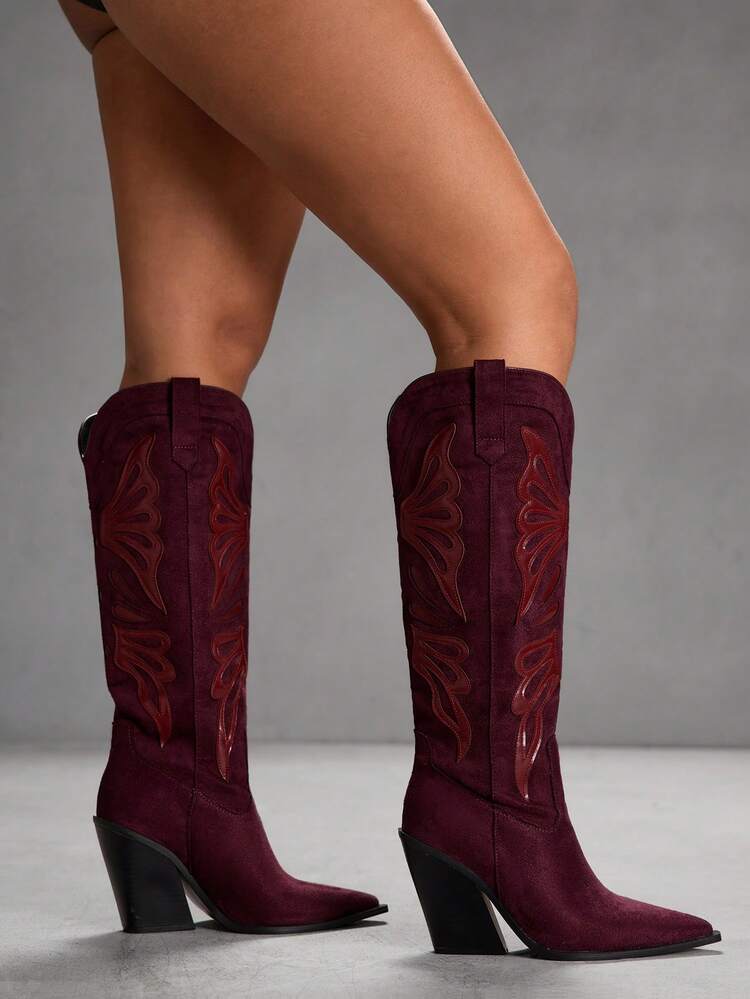 CUCCOO SZL Botas de Cowboy Ocidentais Novas de Outono/Inverno com Bico Pontudo e Salto Grosso na Cor Borgonha, Bordado Retalhos Moda Casual Cano Alto para Mulheres