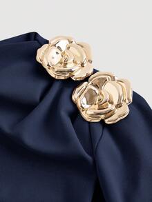 SHEIN MOD 藏蓝色斜肩领女式T恤，时尚通勤之选 - 藏蓝色 - 查看 5