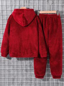SHEIN 男童卡通刺绣连帽衫上衣和纯色裤子睡衣套装，适合圣诞节、感恩节和冬季穿着。 - 酒紅色 - 查看 2