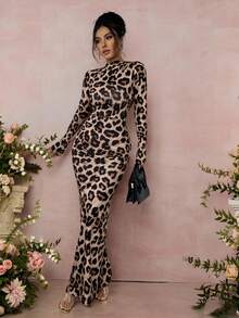 SHEIN Raffinéa 女士褶皱豹纹长袖连衣裙，棕色，秋冬通勤时尚 - 棕色 - 查看 6