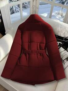 SHEIN Clasi 女士咖啡棕色腰带，金属扣设计，收紧腰身，优雅羽绒服 - 酒紅色 - 查看 2