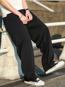 Manfinity Homme Quần dài nam màu trơn có túi buộc dây phía trước, thiết kế đơn giản, mặc hàng ngày, mùa thu - màu đen - Xem 5