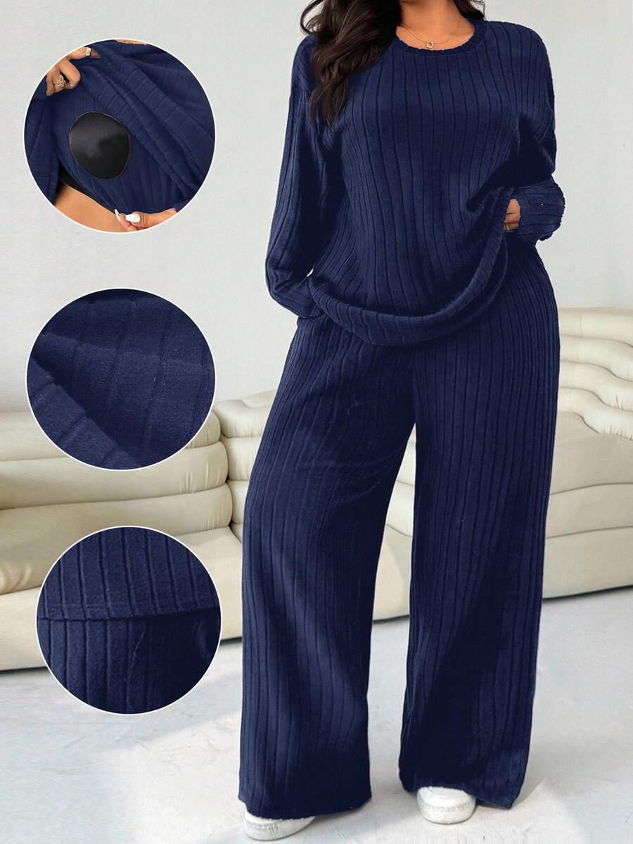Solflare Navy Blue Plus Size Women's Crew Neck Long Sleeve Ribbed T-Shirt And Wide Leg Pants Casual 2-Piece Set,Smart Casual Everyday Autumn Chic Outfit,Fall - Navy Blue - View 1