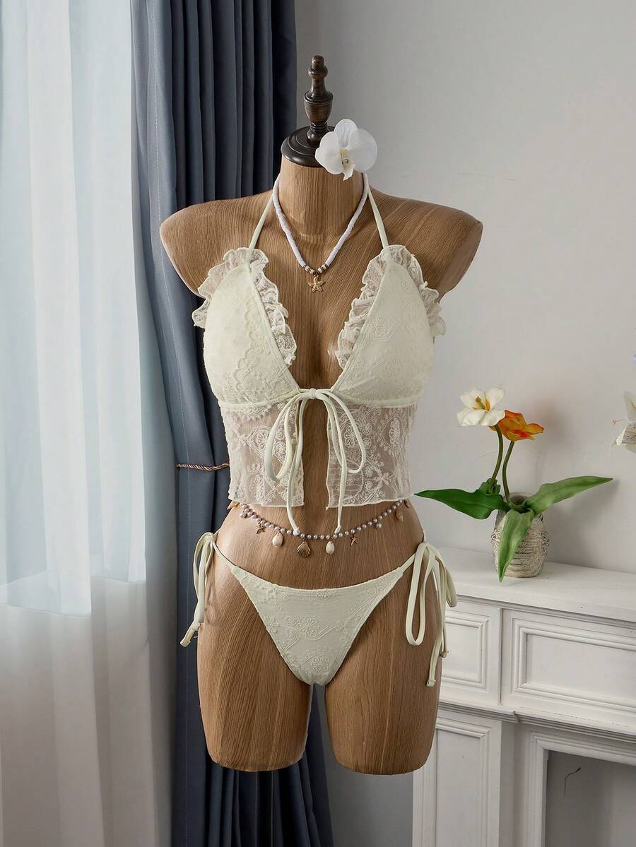 Bellisia 两件套女士夏季沙滩泳衣套装，纯白色蕾丝刺绣网纱面料，可调节吊带三角泳衣上装，荷叶边下摆，侧边系带比基尼泳裤，适合沙滩度假