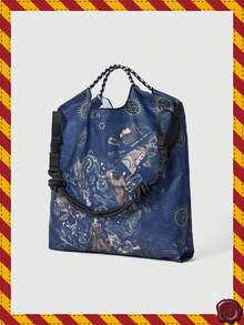 HARRY POTTER X SHEIN 时尚防水大容量手提包，月亮星星印花，可折叠斜挎购物袋，女士耐用日常通勤旅行背包 - 藏蓝色 - 查看 2