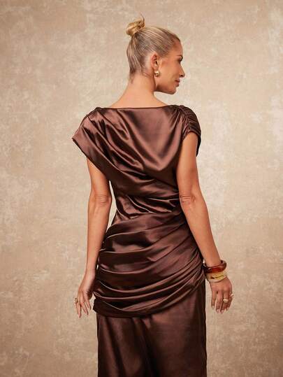 Lumalex VITNOS Elegante High End New Deep Rust Bruin Satijnen Pleated Dress, Chocolate 's Eve Outfit Women, mal Dresses Verleidelijke Vacation Holiday Semi Fall Luxe Dress able This Outfit, Gala Night, Chic Looks Of Weekend Glamour Work Delicate Romance, Enchanted Romance Gown, Draped Business Prom Graduation Dates, Going Out, Night Weddings, Holiday, Vacation, Birthday, Commute view 7