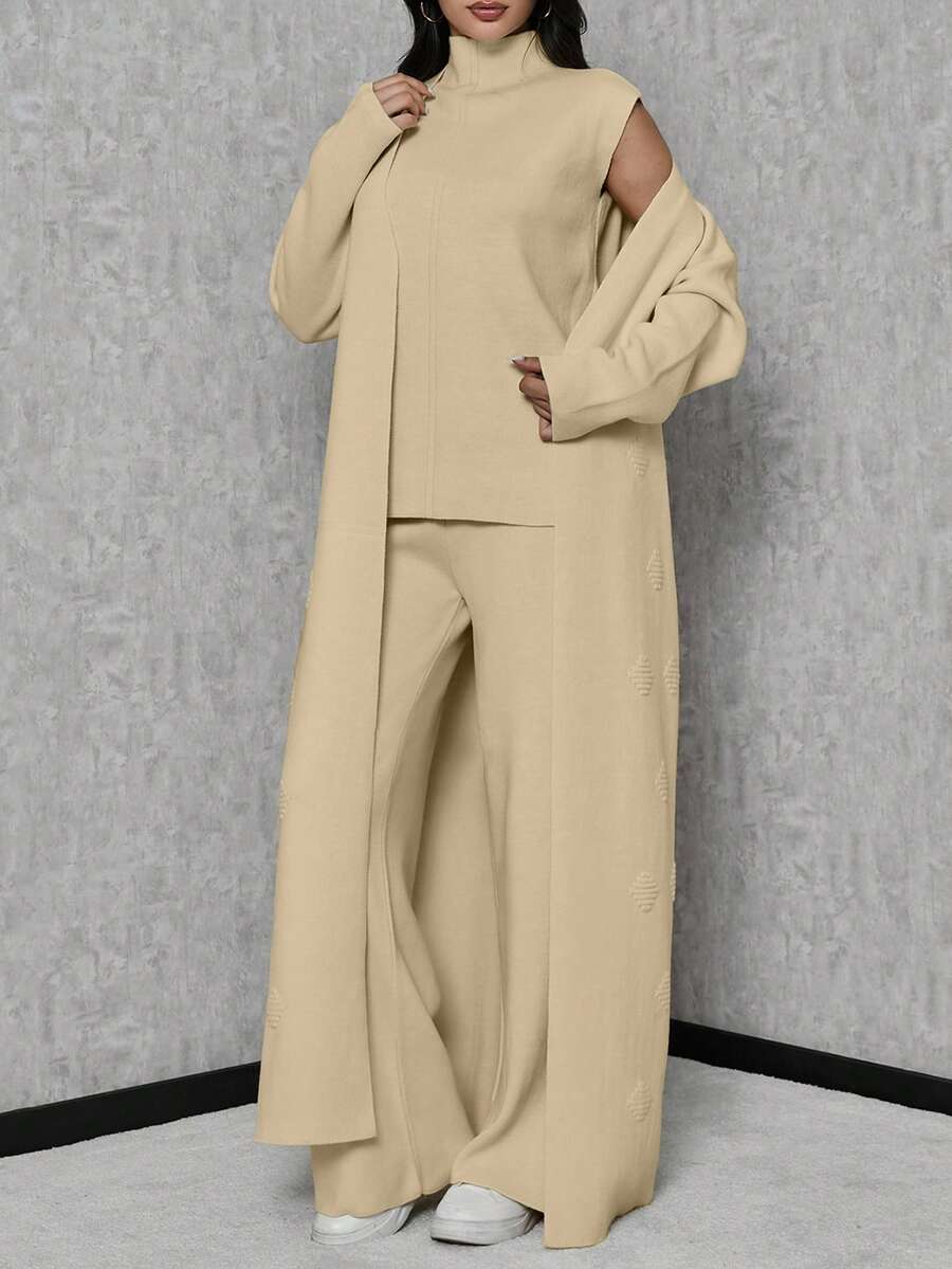 SHEIN Tall 高領針織上衣與針織長褲及開襟衫套裝,適合高個女性 - 米色 - 查看 1