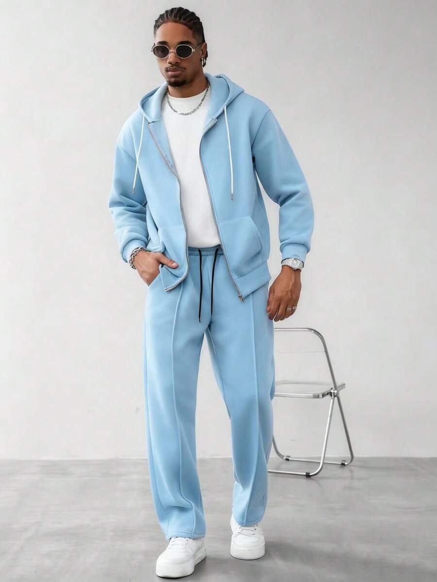 Manfinity Homme 男士纯色落肩长袖休闲拉链抽绳连帽卫衣套装 男士运动服套装 男士两件套 蓝色男士套装 男士浅蓝色套装 男士慢跑服 - 淺藍色 - 查看 1