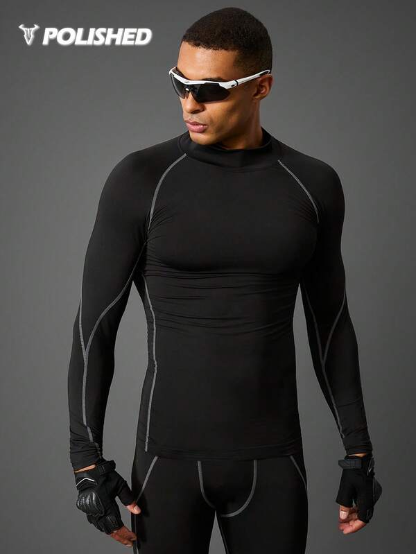 Manfinity Sport Polished Koszulka męska w stylu Boyfriend, w jednolitym kolorze, ze stójką, z raglanowymi rękawami, do ćwiczeń, z długim rękawem, do szkoły, do ćwiczeń, kompresyjna, holograficzna, gładka, do ćwiczeń, jesienna koszulka kompresyjna, oddychająca, dopasowana koszulka, jesienna koszulka z okrągłym dekoltem