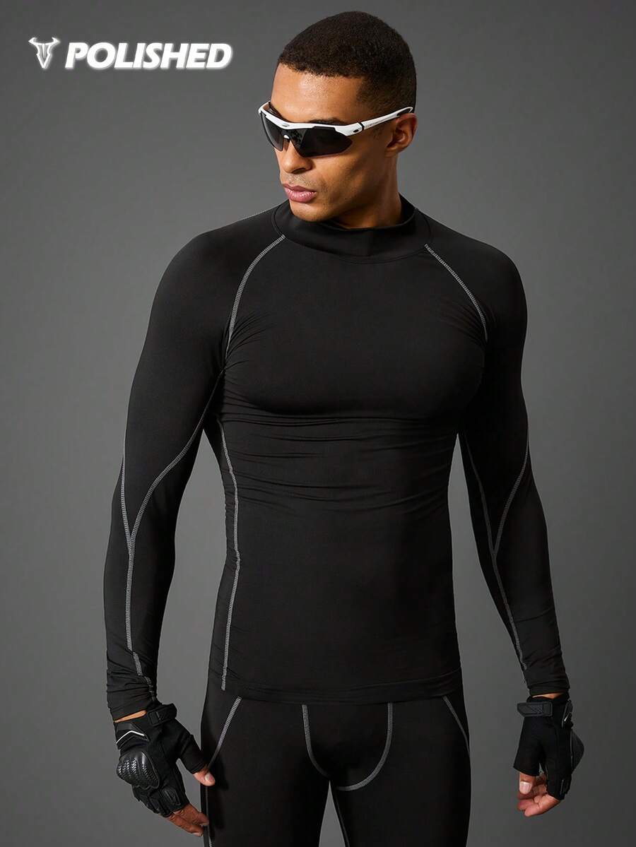 Acti Log Camiseta de manga larga casual de estilo novio para hombre con cuello alto, manga raglán y unicolor, para fitness, escuela, compresión, holográfica, lisa, ejercicio, entrenamiento, otoño, camiseta de compresión transpirable y ajustada, cuello redondo de otoño - Negro - Ver 1